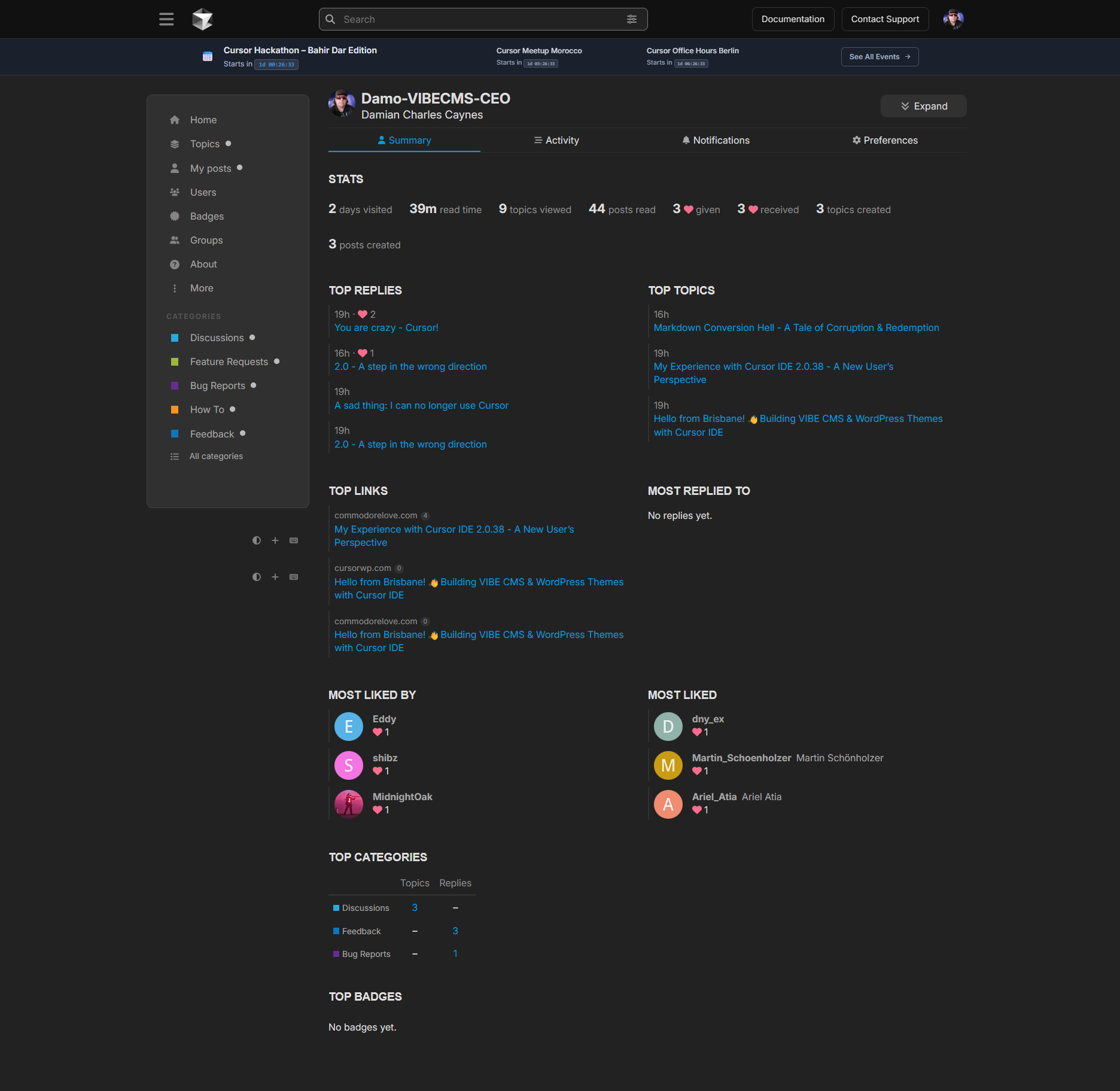 Cursor Forum profile summary screenshot